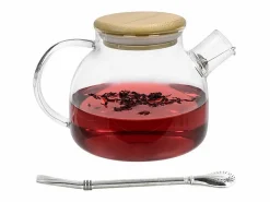 Sale Tetera de vidrio y bambú 1 L + pajita de acero inoxidable con filtro Multicolor