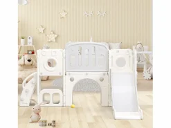 Tobogán de HDPE 6 en 1 para niños con plataforma, escaleras, 2 áreas de almacenamiento, sala de juegos y aro de baloncesto, color gris