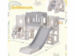 Tobogán de HDPE 6 en 1 para niños con plataforma, escaleras, 2 áreas de almacenamiento, sala de juegos y aro de baloncesto, color gris