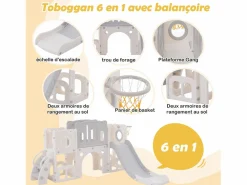 Tobogán de HDPE 6 en 1 para niños con plataforma, escaleras, 2 áreas de almacenamiento, sala de juegos y aro de baloncesto, color gris