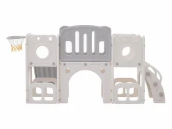 Tobogán de HDPE 6 en 1 para niños con plataforma, escaleras, 2 áreas de almacenamiento, sala de juegos y aro de baloncesto, color gris
