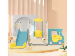 Hot Tobogán infantil 5 en 1 con autobús, columpios, tobogán, escalera para trepar, aro de baloncesto y canasta de baloncesto, verde