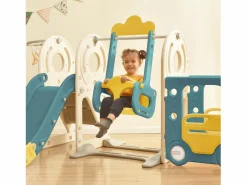 Hot Tobogán infantil 5 en 1 con autobús, columpios, tobogán, escalera para trepar, aro de baloncesto y canasta de baloncesto, verde