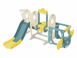 Hot Tobogán infantil 5 en 1 con autobús, columpios, tobogán, escalera para trepar, aro de baloncesto y canasta de baloncesto, verde