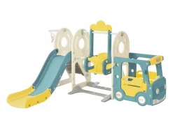 Hot Tobogán infantil 5 en 1 con autobús, columpios, tobogán, escalera para trepar, aro de baloncesto y canasta de baloncesto, verde