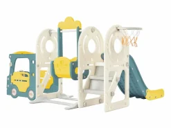 Hot Tobogán infantil 5 en 1 con autobús, columpios, tobogán, escalera para trepar, aro de baloncesto y canasta de baloncesto, verde