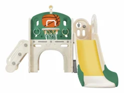 Tobogán para niños, parque infantil interior y exterior, con aro de baloncesto, tobogán y zona de escalada, color verde