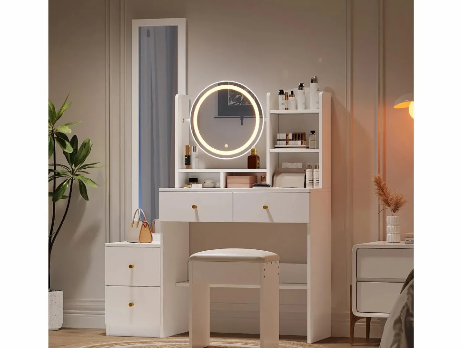 OKWISH Tocador con espejo LED, espejo de cuerpo entero, 4 cajones de almacenamiento - taburete incluido