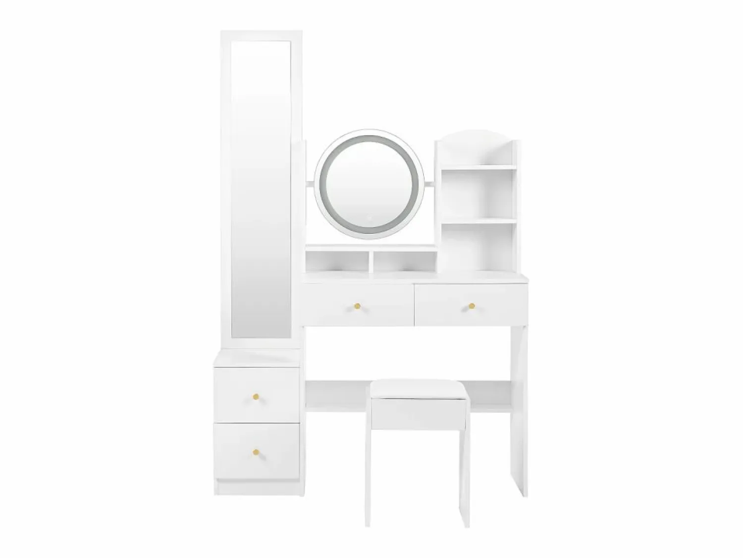 OKWISH Tocador con espejo LED, espejo de cuerpo entero, 4 cajones de almacenamiento - taburete incluido