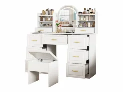 Outlet Merax Tocador con 9 cajones, espejo y taburete - 120 x 40 x 135 cm - LED - Tablero de partículas - Blanco