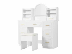 Outlet Merax Tocador con 9 cajones, espejo y taburete - 120 x 40 x 135 cm - LED - Tablero de partículas - Blanco