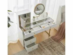 Sale Merax Tocador con espejo, 5 cajones y puerta de cristal - 120 x 45 x 115 cm - Tablero de partículas - LED - (sin taburete) Blanco