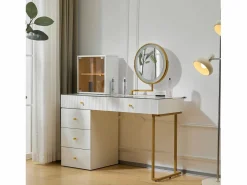 Sale Merax Tocador con espejo, 5 cajones y puerta de cristal - 120 x 45 x 115 cm - Tablero de partículas - LED - (sin taburete) Blanco