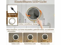 Sale Merax Tocador con espejo, 5 cajones y puerta de cristal - 120 x 45 x 115 cm - Tablero de partículas - LED - (sin taburete) Blanco