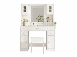 Clearance Tocador con espejo 152×40×105 cm - con taburete - con LED regulable y toma de corriente - con 6 cajones y 4 puertas - Tocador