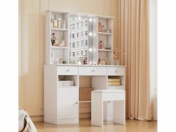 ModernLuxe Tocador con espejo - con taburete - con iluminación LED ajustable - 2 puertas y 3 cajones -