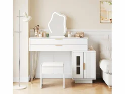 Hot ModernLuxe Tocador con espejo e iluminación LED - 2 cajones y mueble extraíble - (taburete no incluido) Blanco