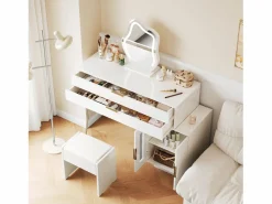 Hot ModernLuxe Tocador con espejo e iluminación LED - 2 cajones y mueble extraíble - (taburete no incluido) Blanco