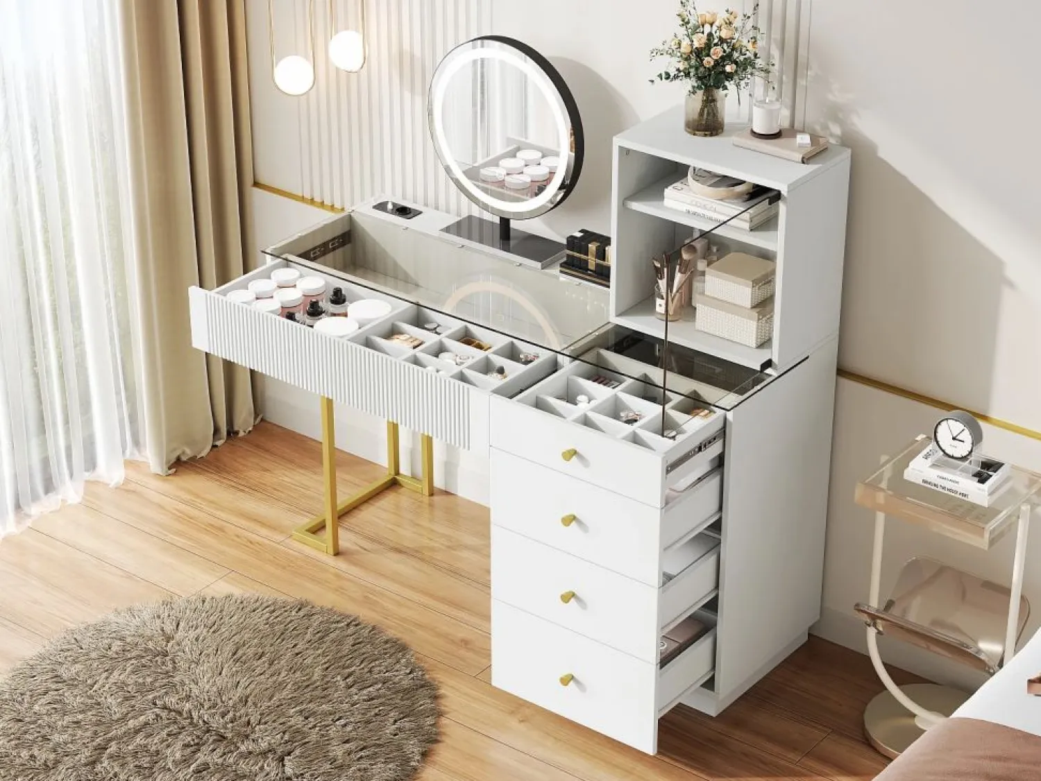 Online Tocador con espejo LED - tapa de cristal templado transparente - con 5 cajones - 120 x 40 x 120 cm - MDF + cristal - Tocador