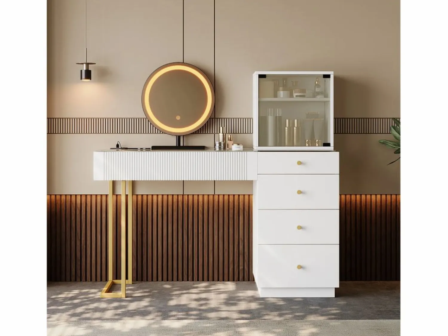 Online Tocador con espejo LED - tapa de cristal templado transparente - con 5 cajones - 120 x 40 x 120 cm - MDF + cristal - Tocador