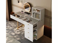 Online Tocador con espejo LED - tapa de cristal templado transparente - con 5 cajones - 120 x 40 x 120 cm - MDF + cristal - Tocador