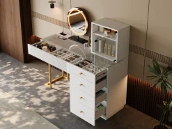 Online Tocador con espejo LED - tapa de cristal templado transparente - con 5 cajones - 120 x 40 x 120 cm - MDF + cristal - Tocador