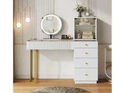 ModernLuxe Tocador con espejo 120x40x120cm - con LED ajustable - con 5 cajones y 1 puerta de vidrio - Blanco​ (taburete no incluido)