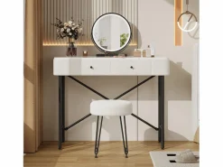 ModernLuxe Tocador con espejo 100x40x120cm - con LED ajustable - con 1 taburete - con 2 cajones - textura de mármol - Blanco + Negro