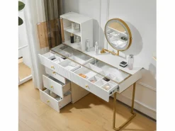 ModernLuxe Tocador con espejo y LED - 5 cajones y expositor de cristal - (taburete no incluido)