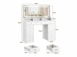 Sale DripeX Tocador con gran espejo e iluminación LED, toma de Corriente + USB, brillo ajustable, 11 Cajones, , 110x40x135cm Blanco