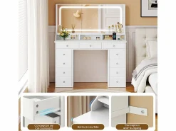 Sale DripeX Tocador con gran espejo e iluminación LED, toma de Corriente + USB, brillo ajustable, 11 Cajones, , 110x40x135cm Blanco