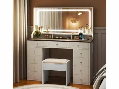 Sale DripeX Tocador con gran espejo e iluminación LED, toma de Corriente + USB, brillo ajustable, 11 Cajones, Marrón Chocolate, 110x40x135cm Marru00f3n chocolate