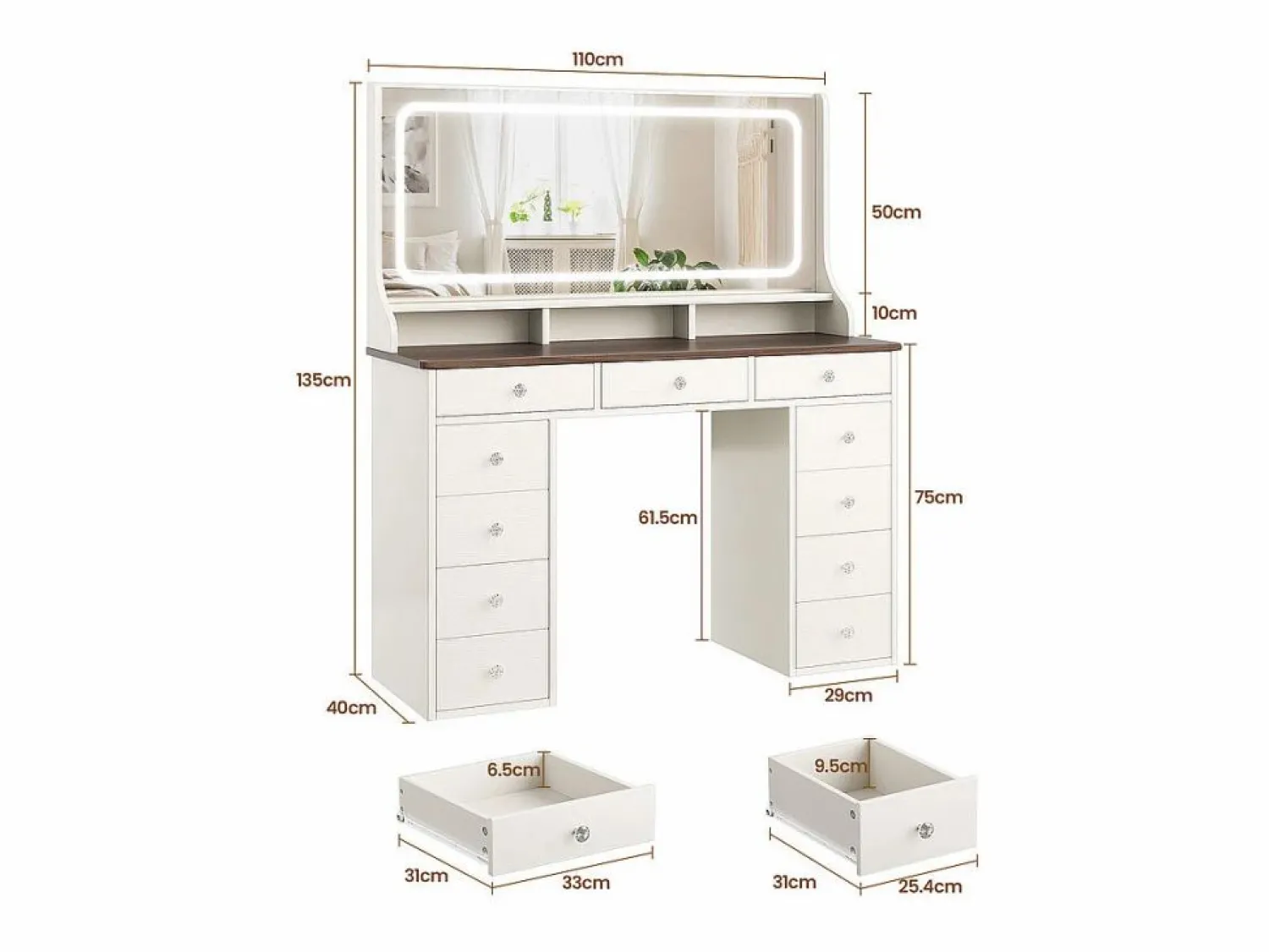 Sale DripeX Tocador con gran espejo e iluminación LED, toma de Corriente + USB, brillo ajustable, 11 Cajones, Marrón Chocolate, 110x40x135cm Marru00f3n chocolate