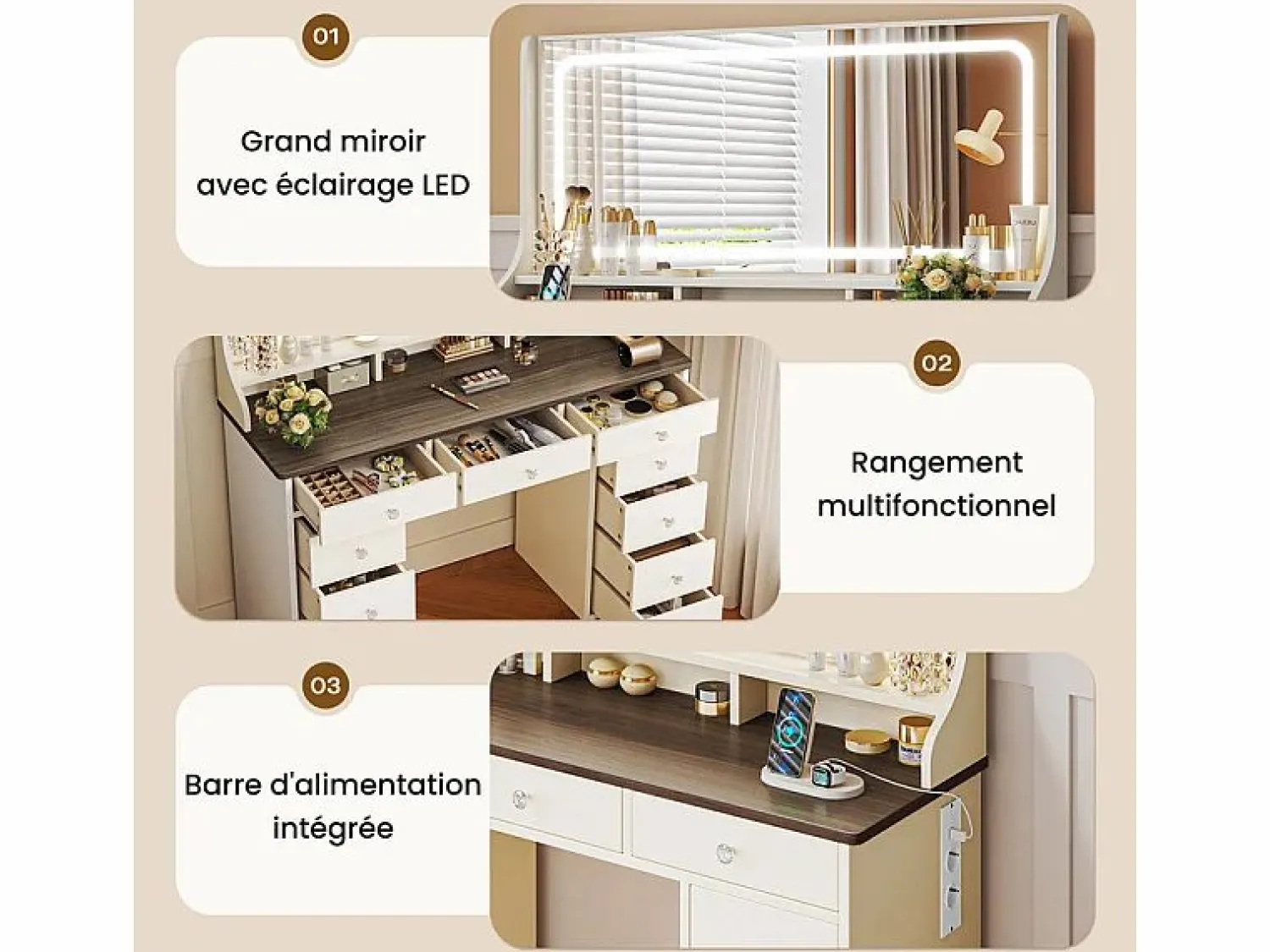 Sale DripeX Tocador con gran espejo e iluminación LED, toma de Corriente + USB, brillo ajustable, 11 Cajones, Marrón Chocolate, 110x40x135cm Marru00f3n chocolate
