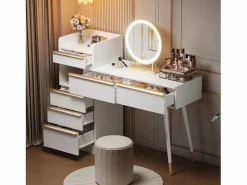 Tocador con tablero extensible - 100 x 41,5 x 102 cm - con 6 cajones + espejo LED - aglomerado - Tocador