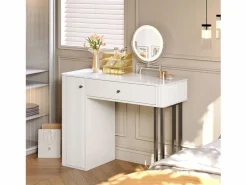 Outlet OKWISH Tocador de dormitorio con espejo LED, 1 cajón y 1 puerta de armario texturizada - Blanco