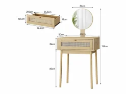 Sale Tocador de ratán con espejo, diseño compacto y elegante, MDF y cristal, roble (60x50x128 cm) Marru00f3n