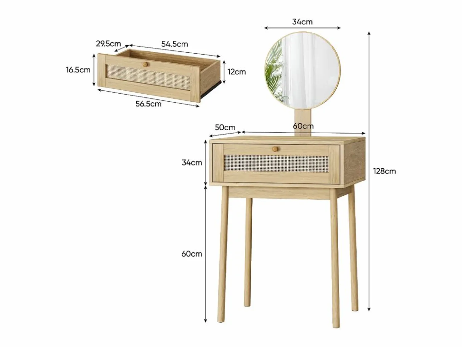 Sale Tocador de ratán con espejo, diseño compacto y elegante, MDF y cristal, roble (60x50x128 cm) Marru00f3n