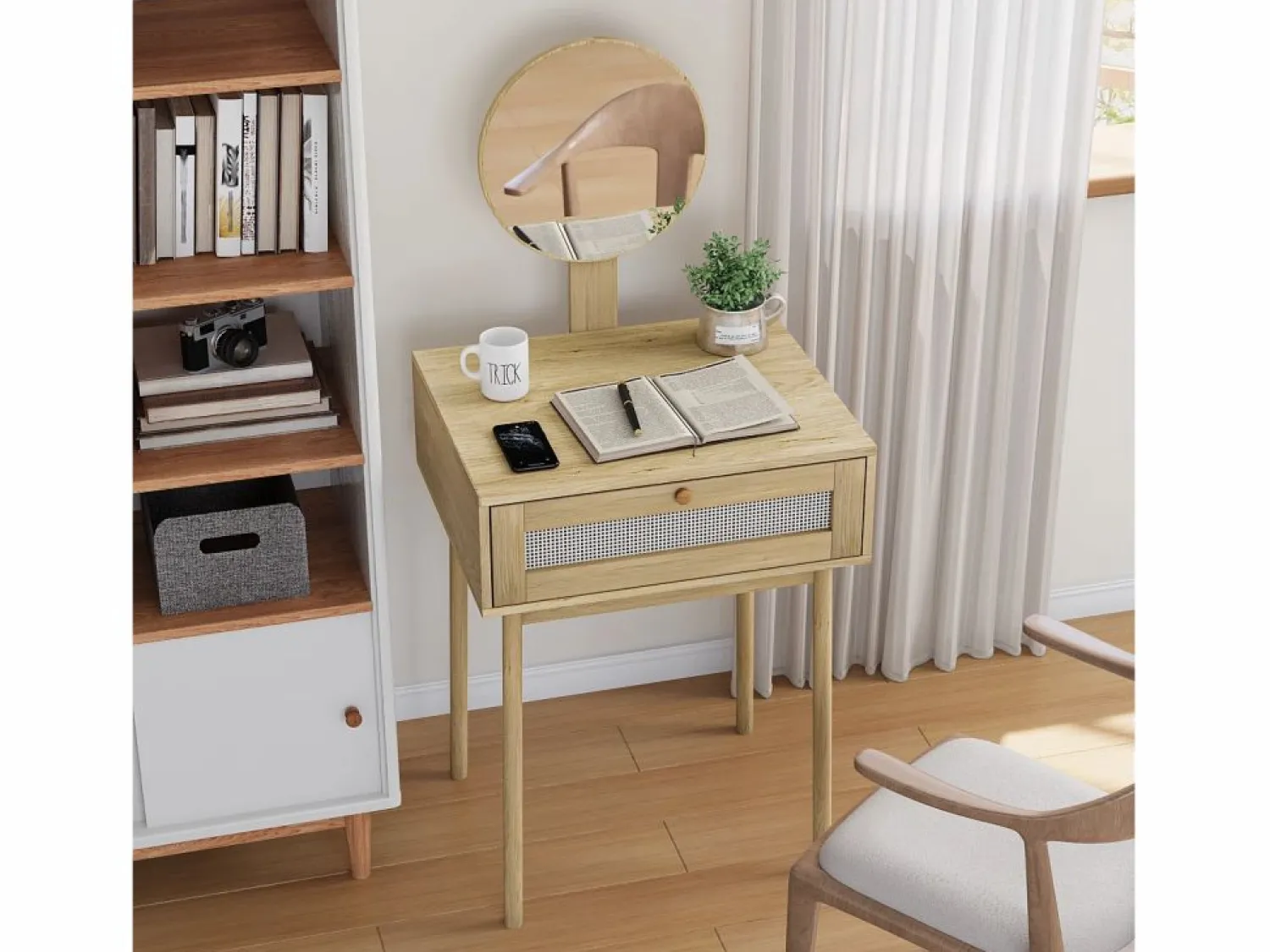 Sale Tocador de ratán con espejo, diseño compacto y elegante, MDF y cristal, roble (60x50x128 cm) Marru00f3n