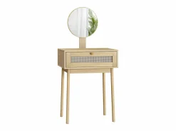 Sale Tocador de ratán con espejo, diseño compacto y elegante, MDF y cristal, roble (60x50x128 cm) Marru00f3n