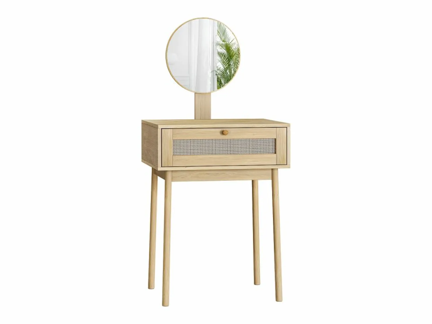 Sale Tocador de ratán con espejo, diseño compacto y elegante, MDF y cristal, roble (60x50x128 cm) Marru00f3n