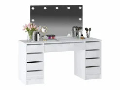 Vente-unique Tocador doble con espejo con LEDs y 9 cajones en color blaco brillante - JENEMI