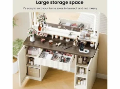 Online Tocador, Espejo LED Grande con Brillo Ajustable, 1 Cajón y 2 Puertas, 2 Tomas AC y 2 Puertos USB, Marrón Chocolate, 110x40x135cm Tocador
