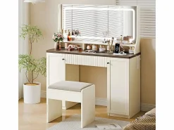 Online Tocador, Espejo LED Grande con Brillo Ajustable, 1 Cajón y 2 Puertas, 2 Tomas AC y 2 Puertos USB, Marrón Chocolate, 110x40x135cm Tocador