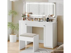 Clearance Tocador, Espejo LED Grande con Brillo Ajustable, 1 Cajón y 2 Puertas, 2 Tomas AC y 2 Puertos USB, , 110x40x135cm Tocador