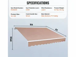 Toldo Retráctil Manual para Patio SucceBuy, 305 x 244 CM, Toldo Retráctil para Patio, Refugio Solar con Manivela