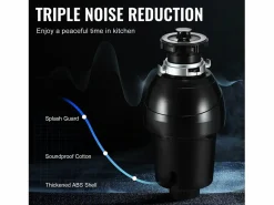 Online Triturador de Residuos SucceBuy, 1CV, Sistema de Trituración de Residuos de Alimentos con Montaje EZ,3960 rpm,Equipado con Cable de Alimentación Negro