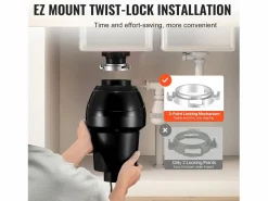 Online Triturador de Residuos SucceBuy, 1CV, Sistema de Trituración de Residuos de Alimentos con Montaje EZ,3960 rpm,Equipado con Cable de Alimentación Negro