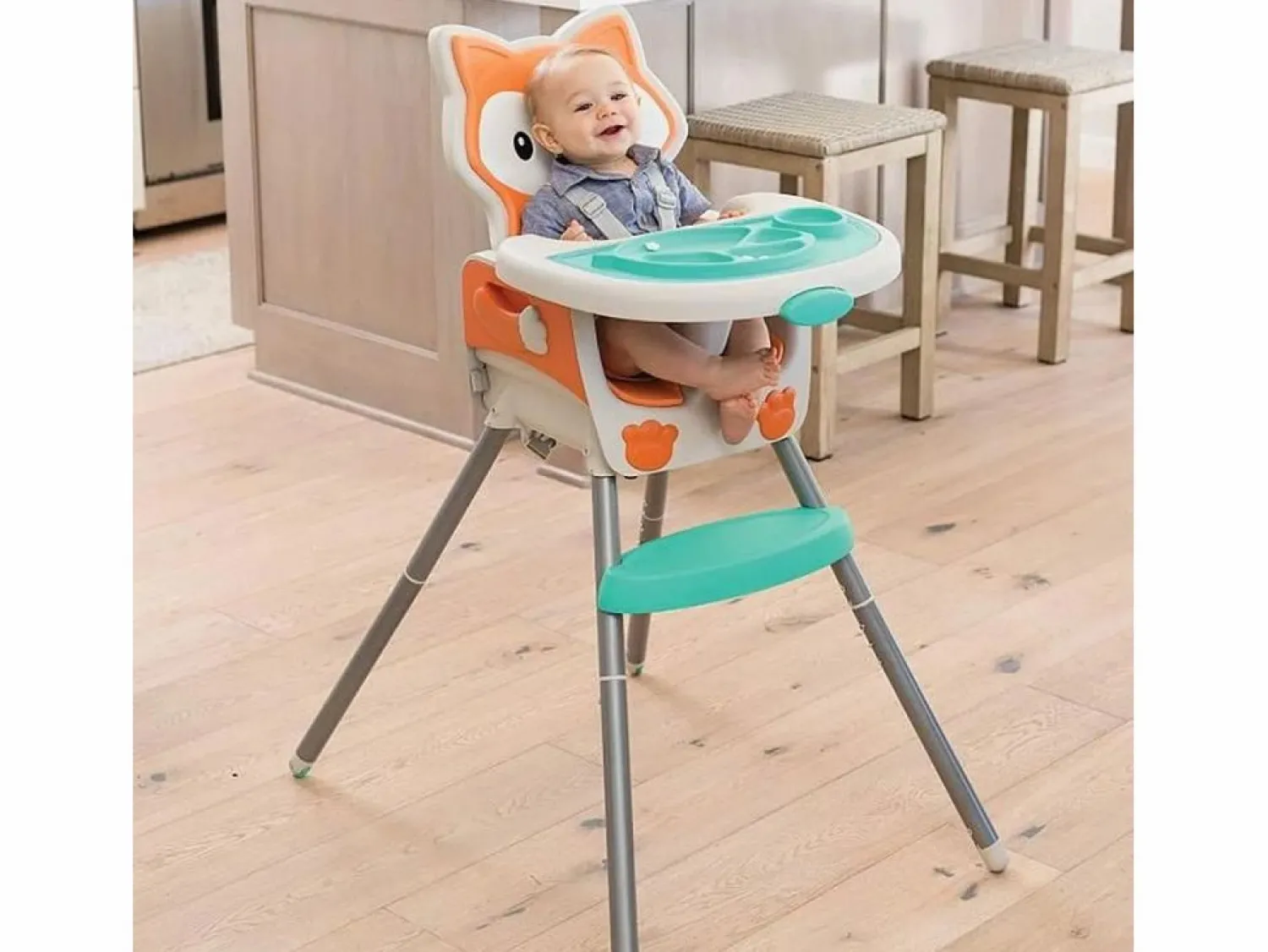 Outlet Trona evolutiva Infantino 4-en-1 diseño zorro, asiento acolchado, respaldo reclinable, elevador y silla infantil Naranja / Blanco