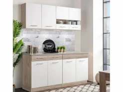 Unidad de cocina 160x84x60 cm aspecto madera roble blanco y gris Marru00f3n / Blanco